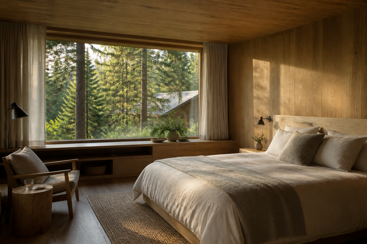Natürlich eingerichtetes Gästezimmer mit großem Blick in den Schwarzwald