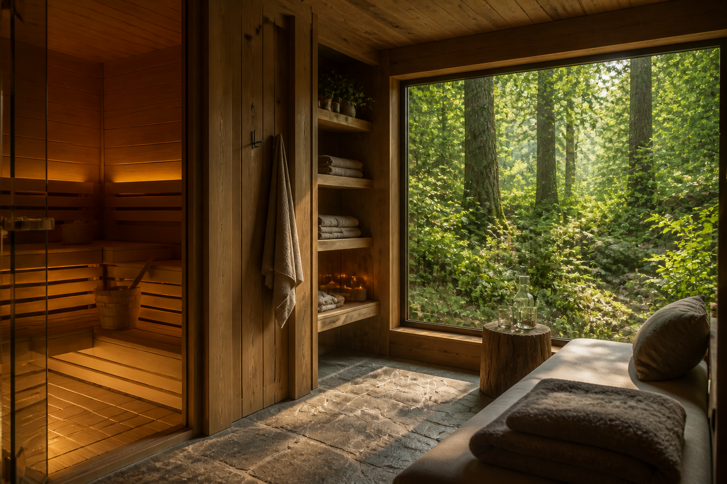 Warme Holzsauna mit Ruheplatz und Fenster zum grünen Wald